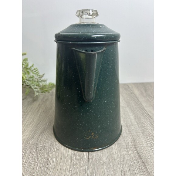 Vintage Coffee Pot Percolator, Camping Pot Enameled Green With White Speckles - Picture 4 of 13